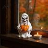 Durable Resin Halloween Ornament White Ghost Pumpkin Statue, Spooky Holding Mini Unique Sculpture for Office Figurine Garden Yard Tabletop Mantel Home