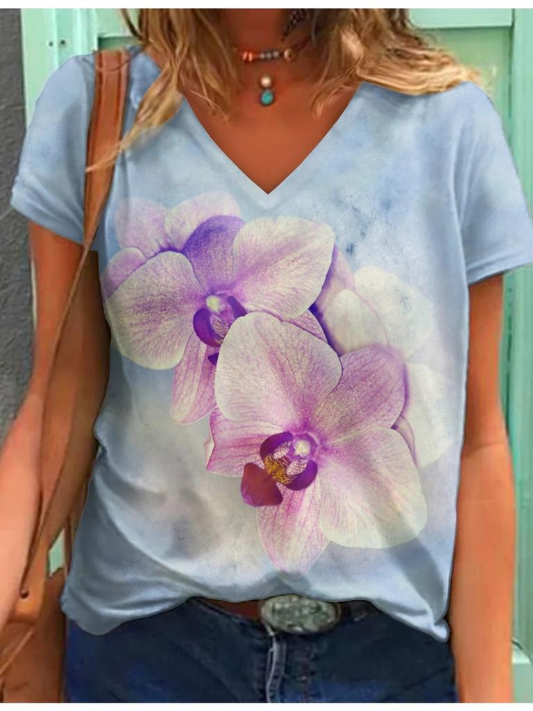 Summer Flower Pattern 3D Print T-Shirts Woman T Shirt V-Neck Oversized Casual Tees Tops Streetwear Women Y2K Clothing