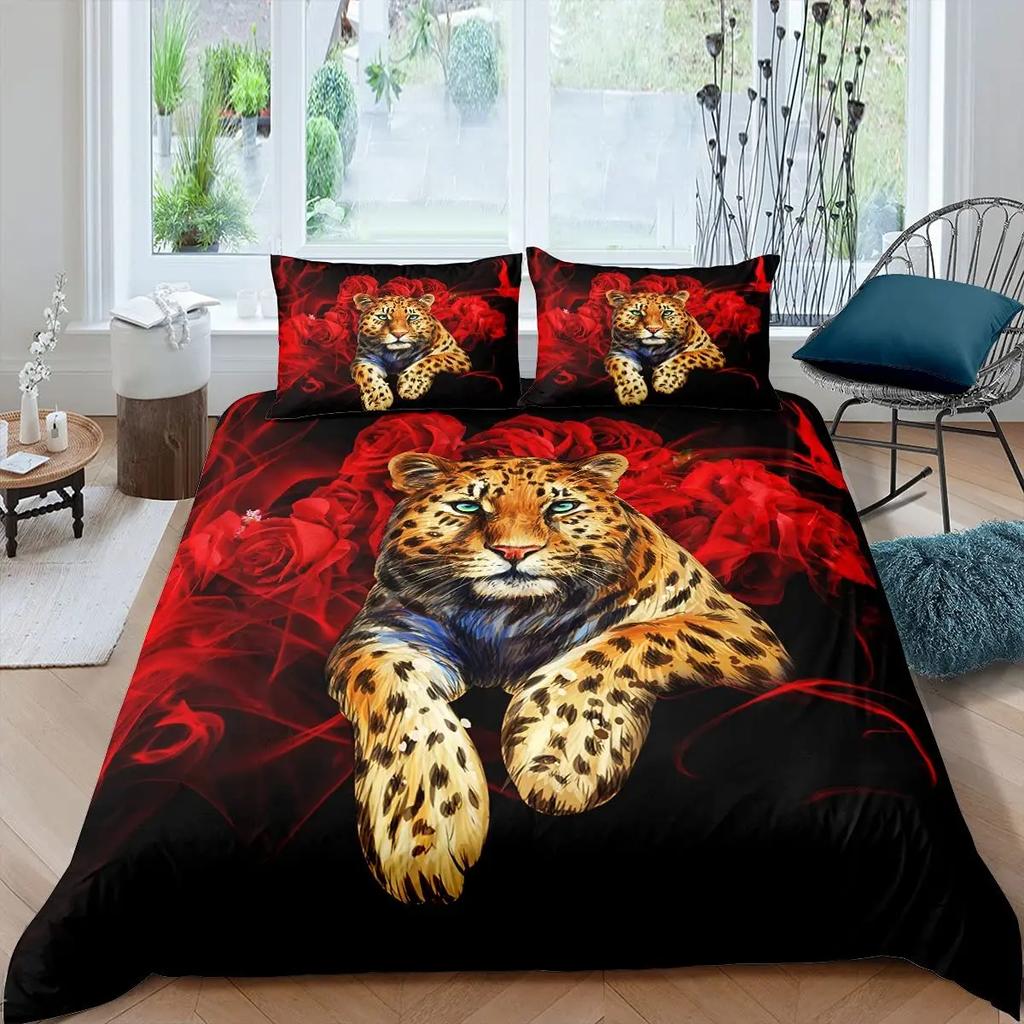 Leopard Comforter Cover Set King Fierce Cheetah Duvet Cover Safari Wild Animal Bed Cover Teens Bedroom Decor 2/3Pcs Bedding Set