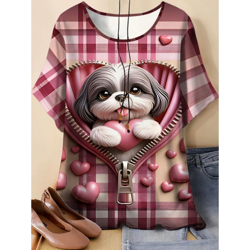 

Pink Plaid Zipper Heart-shaped Dog 3D Printed Short Sleeves S