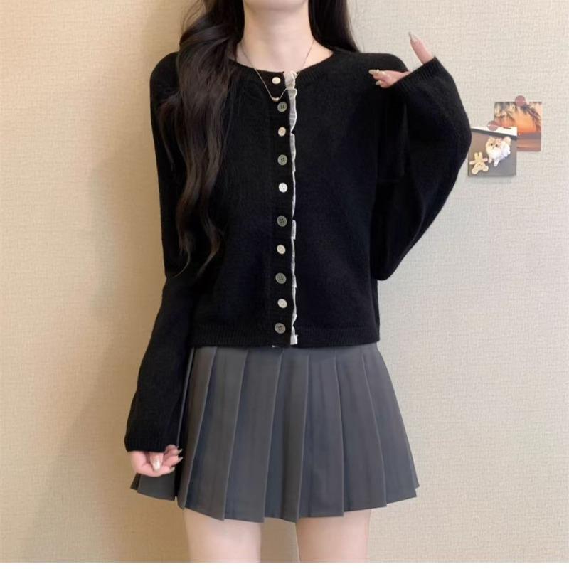 Autumn new lace splicing single-breasted short round neck long-sleeved knitted cardigan women's casual knitted jacket