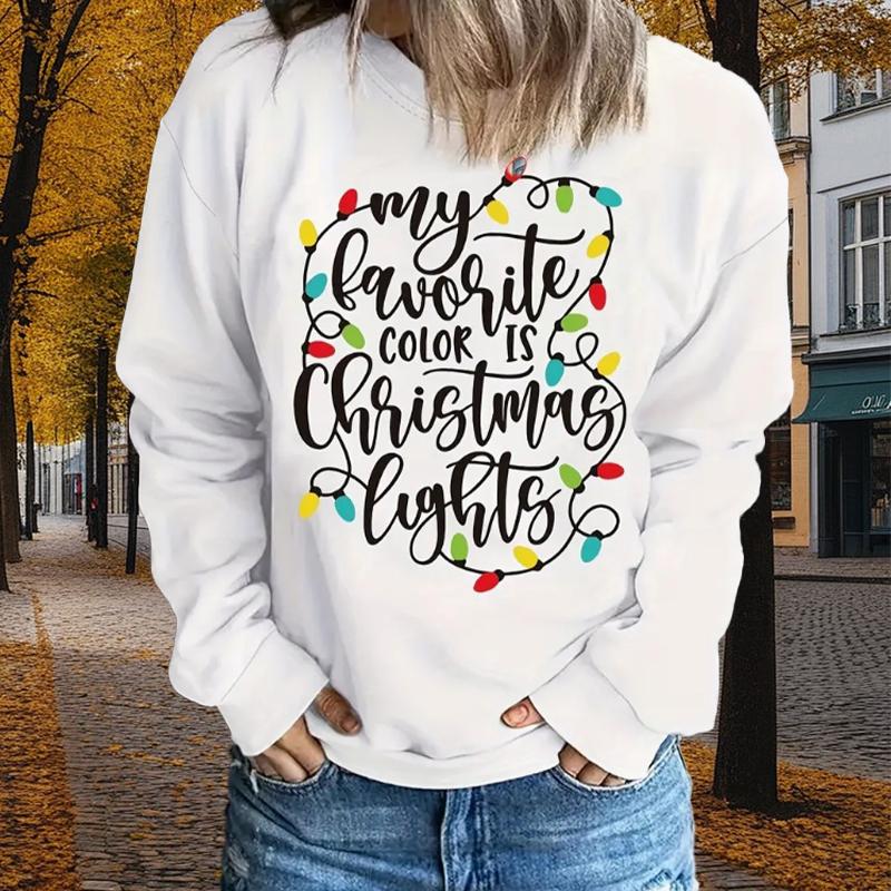

Autumn&Spring Clothing Wine & Colorful String Lights Print Sweater Tops for Women Round Neck Long Sleeve 8XL білий