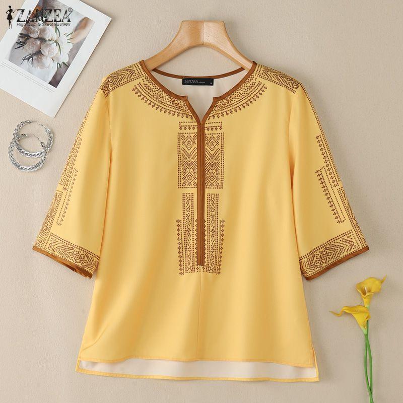 ZANZEA Women Casual V-Neck 3/4 Sleeve Loose Print Blouse