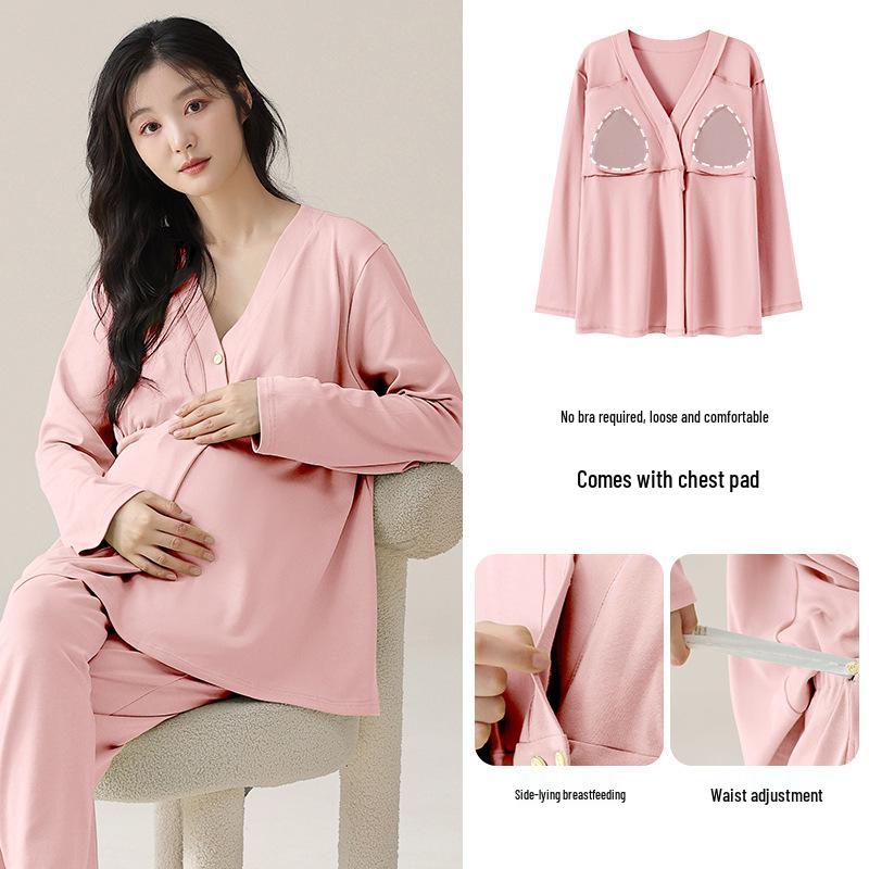 Autumn Pure Cotton Maternity Pajamas with Breast Pads - Perfect for Postpartum and Breastfeeding