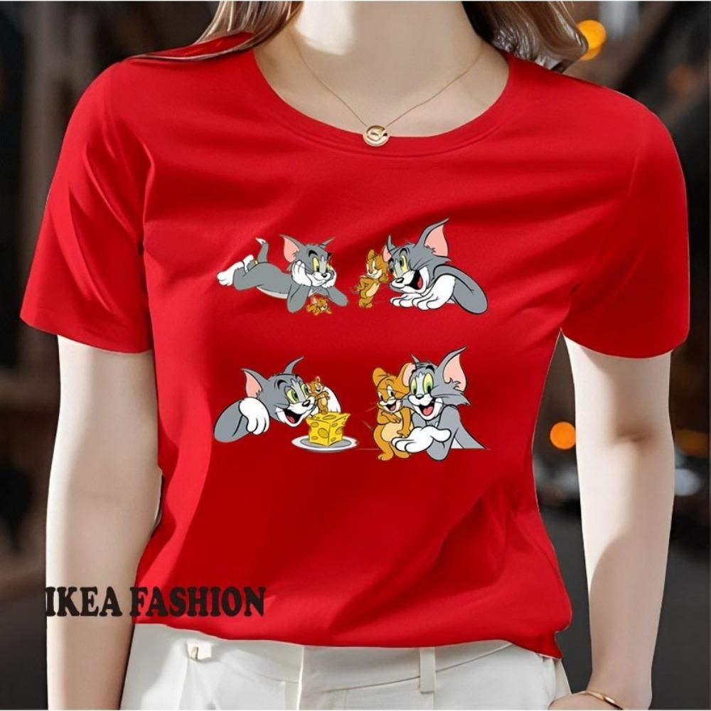 New casual women's printed short sleeved round neck slightly elastic T-shirt for spring and summer, new ins super popular