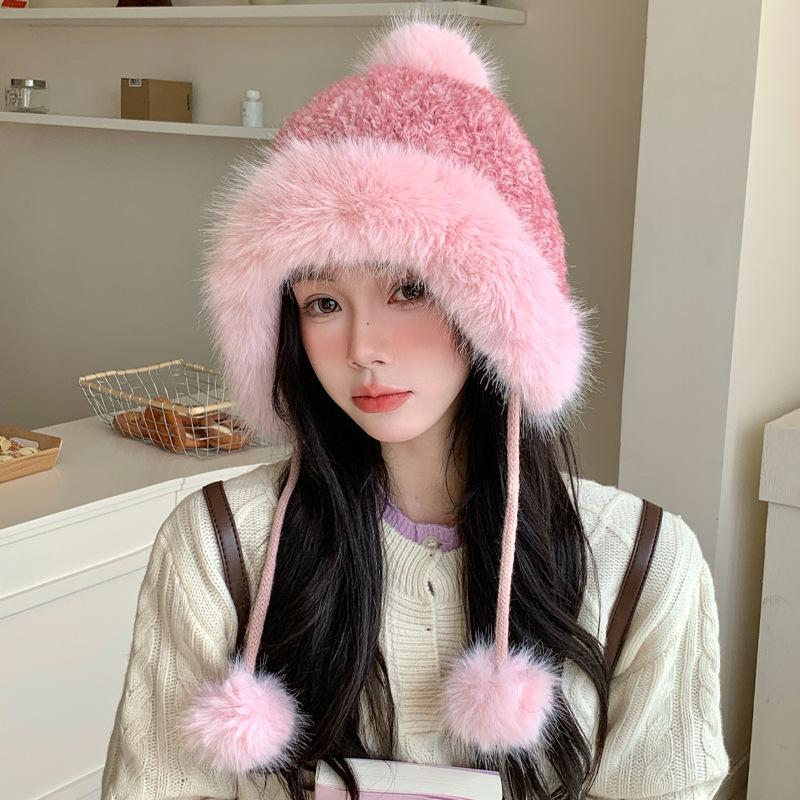 Korean Versatile Big Head Circumference Plus Velvet Thickened Warm Hat In Winter Cute Fur Ball Bag Head Hat Windproof Ear Protection Hat Women