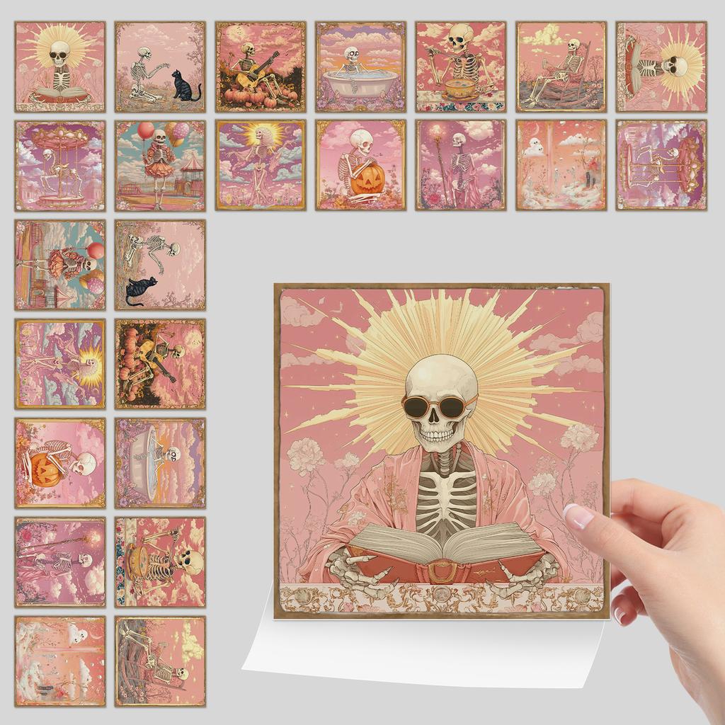 24Pcs Dreamy Pink Retro Skull Tile Stickers Bathroom Kitchen Living Room Niche Halloween Theme Space Decoration Stickers