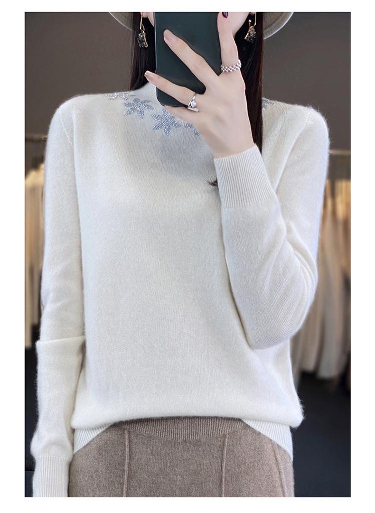 Autumn/Winter Rhinestone Embellished Knit Pullover - Women's Semi-High Neck Long Sleeve Top
