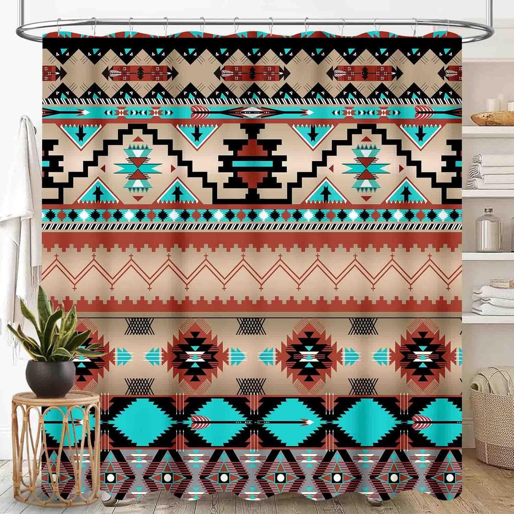 Southwestern Natvie Tribal American Ethnic Western Abstract Geometric Vintage Brown Waterproof Fabric Bathroom Shower Curtain