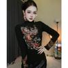 De Rong Women's Half-High Neck Long Sleeve T-shirt with Hot Drill Design - Autumn/Winter Base Layer Top