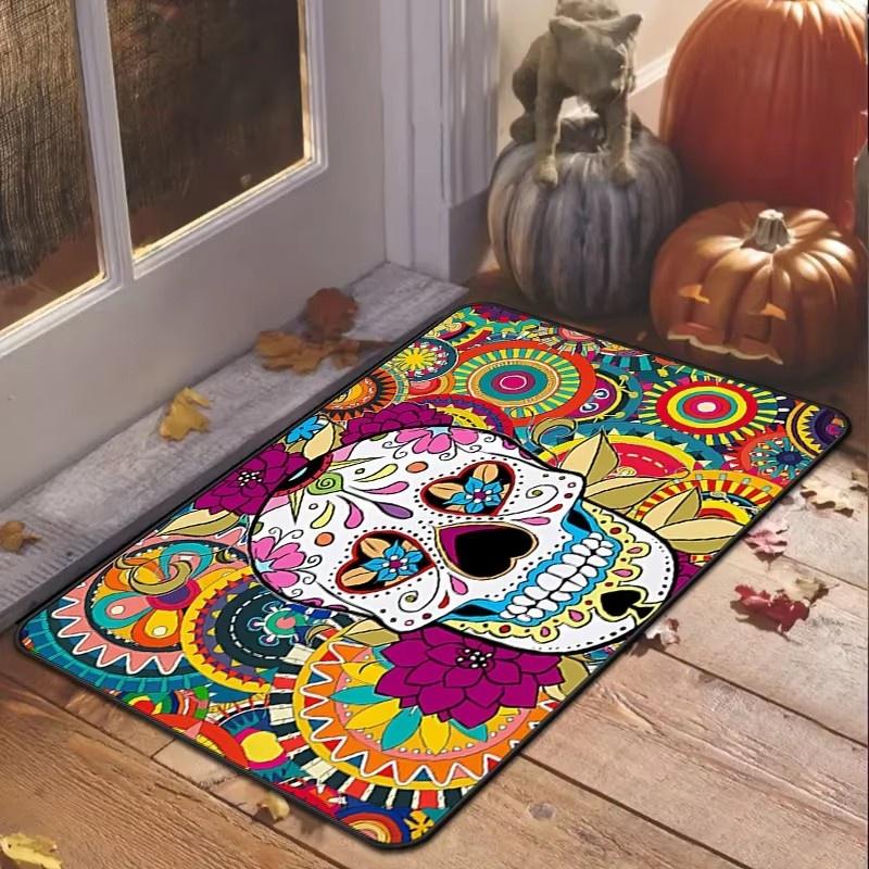 Halloween Totenkopf Fußmatte Teppich Unterlage Rechteckige Matte für Eingang Wohnzimmer Schlafzimmer Küche Leicht Waschbar Festliche Heimdekoration