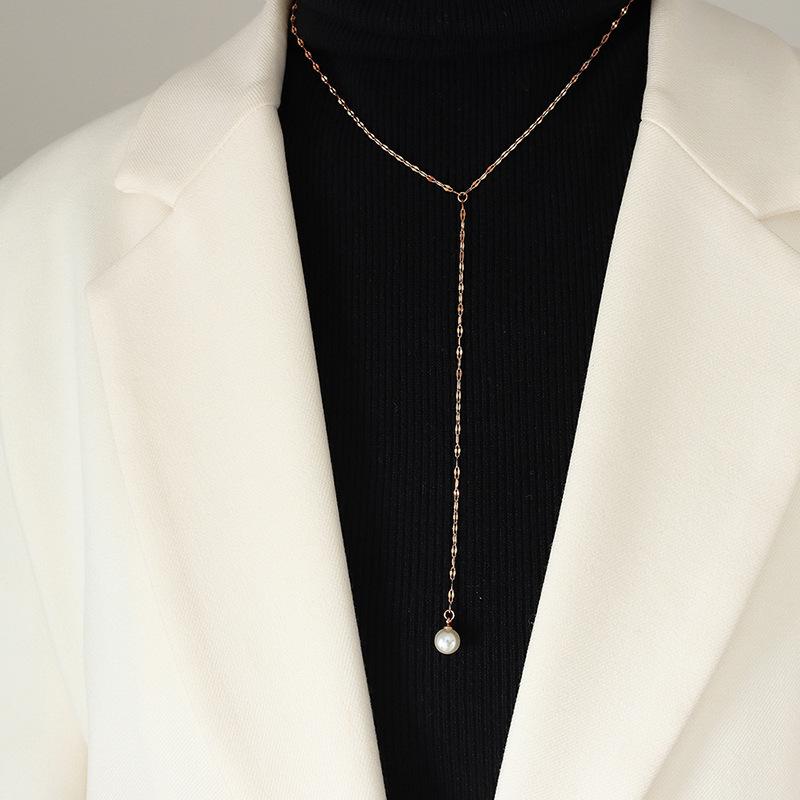 Titanium Steel Y-Shaped Tassel Necklace with Imitation Pearl and 18K Gold Plating