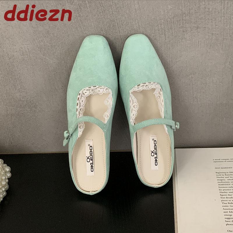 Fashion Shallow Fashion Buckle Ladies Flats Mary Janes Shoes Female Slides Square Toe Footwear Slip On Women Flats With Shoes