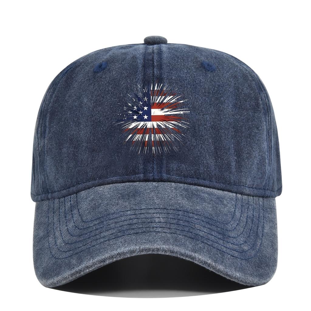 American Flag Firework Distressed Baseball Cap Washed Denim Adjustable Sun Hat Casual