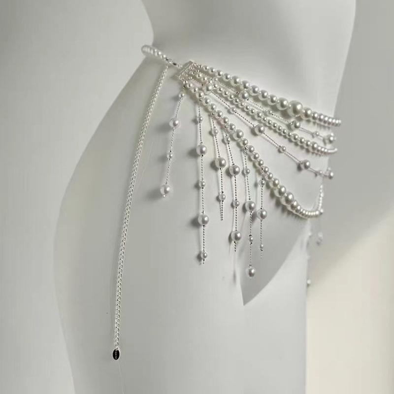 Adjustable Fit Multilayer Pearl Waist Chain 1Pc Retro Y2K Designer Women's Belt for All Body Types Daily Wear
