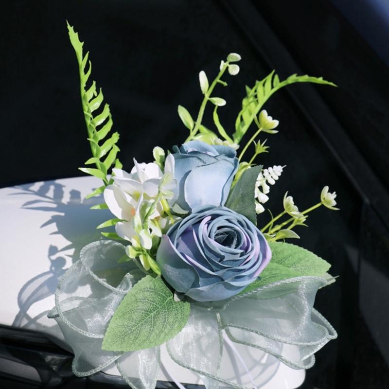 Elegant Blue Bridal Car Mirror Plant Ornament Synthetic Cloth Arrangement For Outdoor Wedding Event