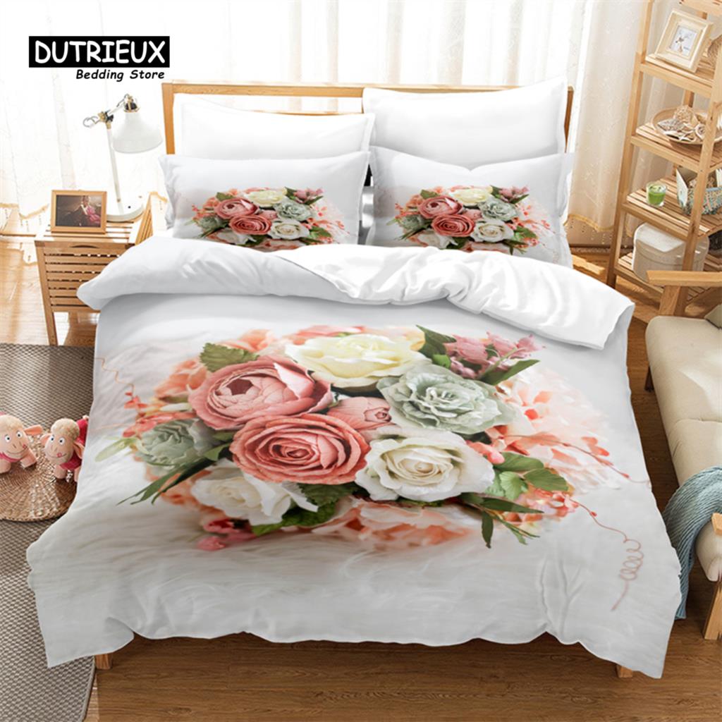 Pink Roses Bedding Set, 3Pcs Duvet Cover Set, Soft Comfortable Breathable Duvet Cover, For Bedroom Guest Room Decor