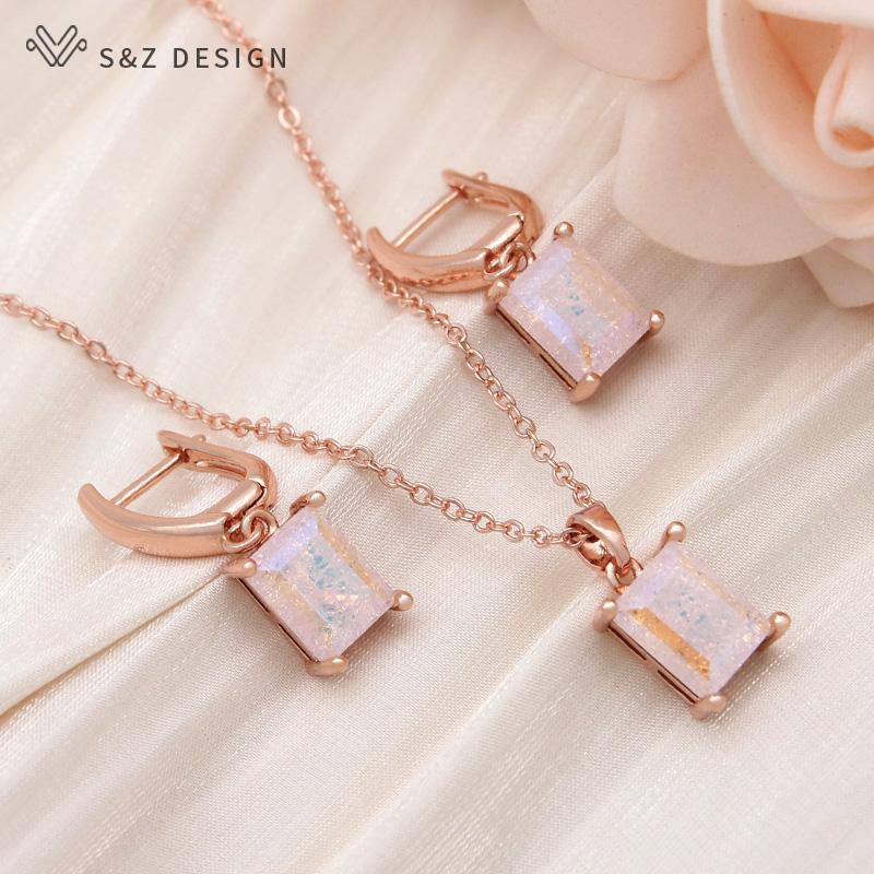 Moda Retângulo Gelo Crack Cristal Brincos Conjuntos de Jóias Para Mulheres Pingente Colar Cor Ouro Rosa