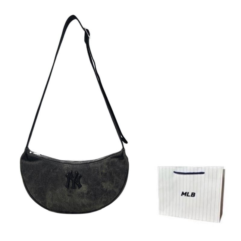 New MLB Denim Shoulder Bag Unisex Charcoal Gray/Hemp Sandy Brown 3ABQBV45N