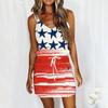 Women's Summer Sexy V-neck  Sleeveless Independence Day Printed Strapless Dress Beach Sun  Dress