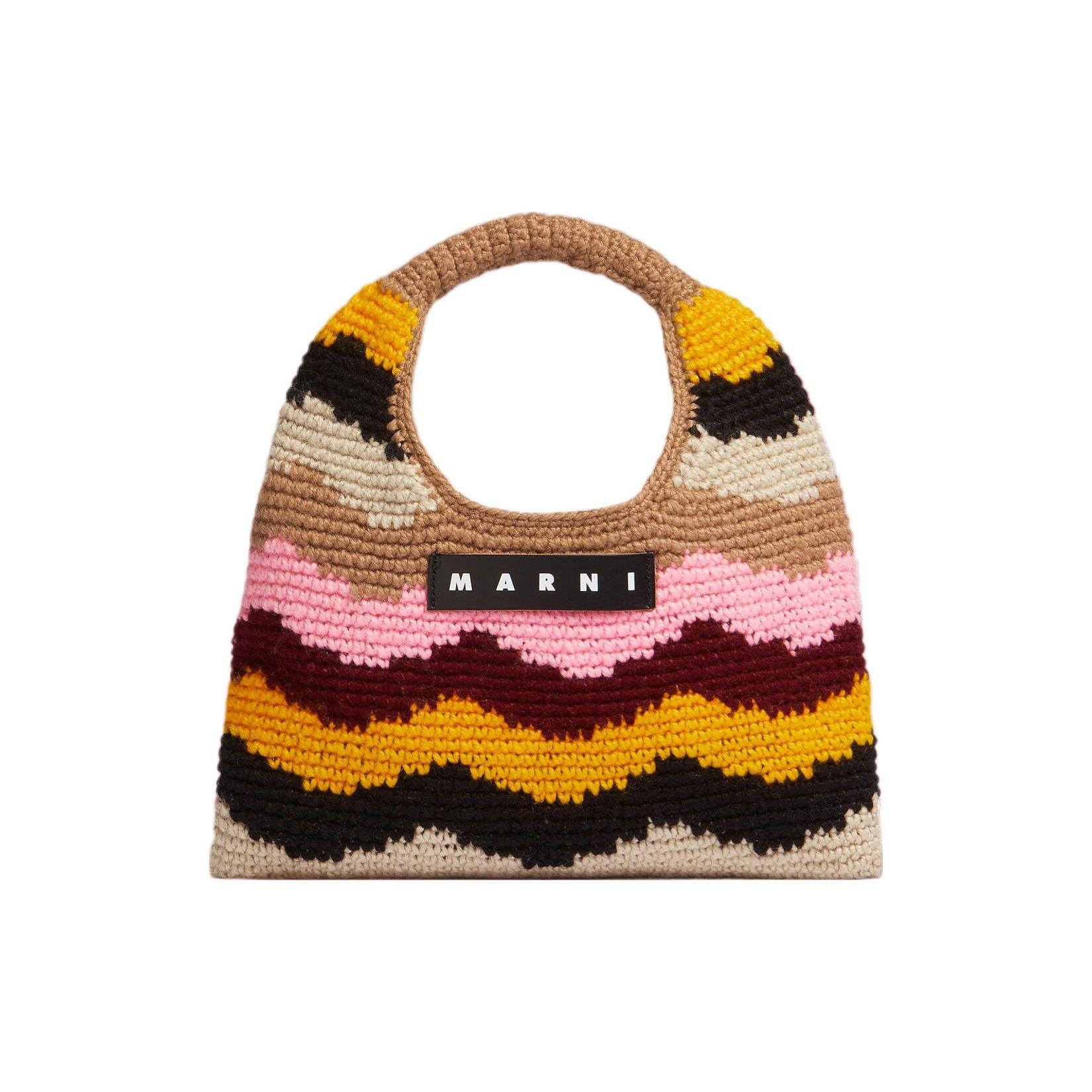 Marni Market Letter Patch Wave Design Woven Technology Acrylic Knit Mini Handbag Women handbag Brown Multicolor SHMH0050A2FW305STW54 Basic Set (Bag+Dust Bag)