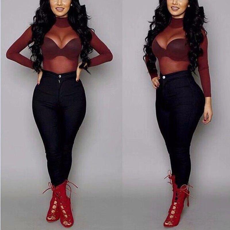 Womens See Through Long Sleeve High Neck Arm Shaper Top Mesh Blouse Casual T-Shirt