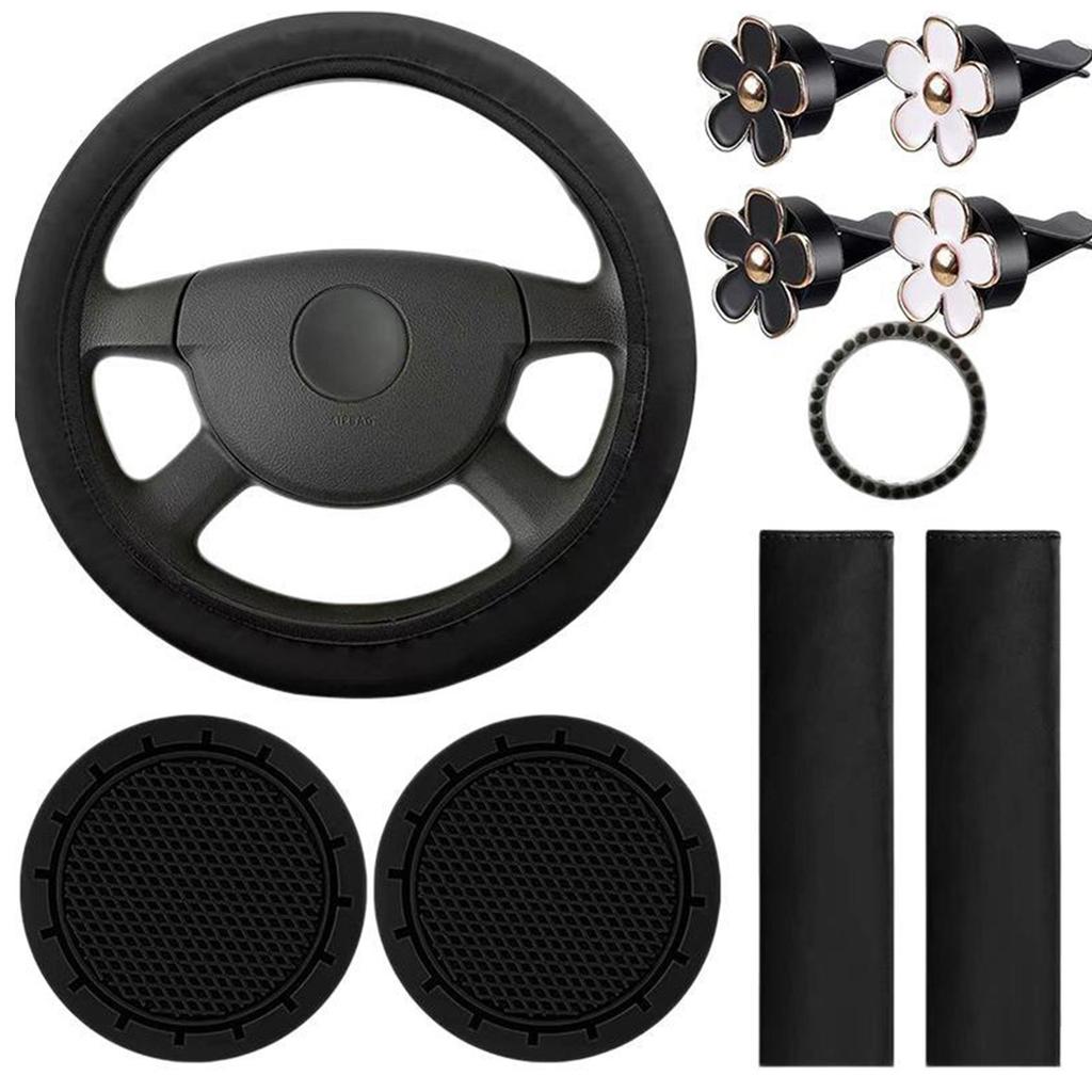 10pcs Women's Leather Steering Wheel Cover, Car Accessories Set With Seat Belt Shoulder Pads,  Start Button Ring Sticker, Vent Clip, Car Accessories