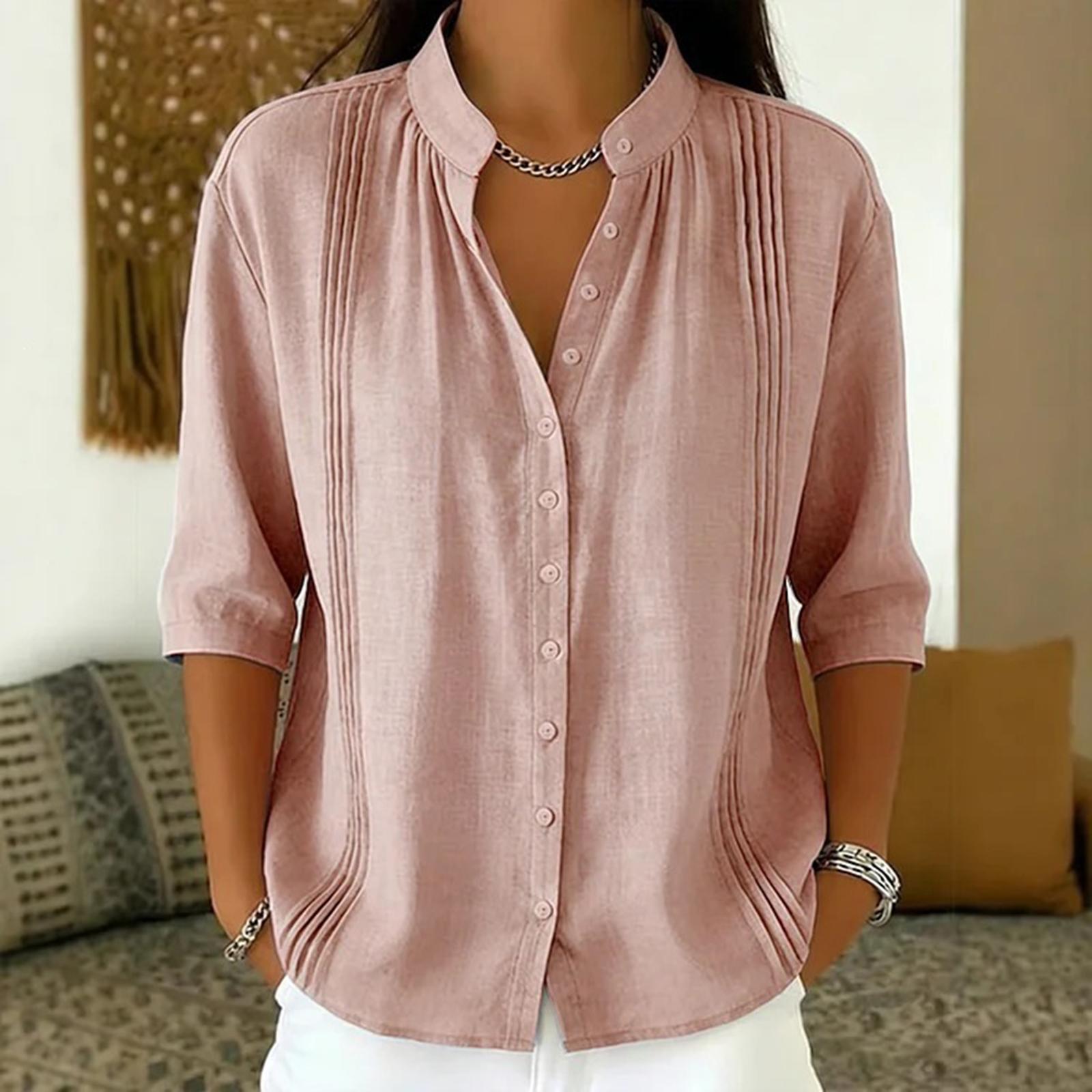 Women Casual Denim Collar Spliced Linen Cotton Shirt Blouse Button Down Long Sleeve Lightweight Breathable Top XL розовый
