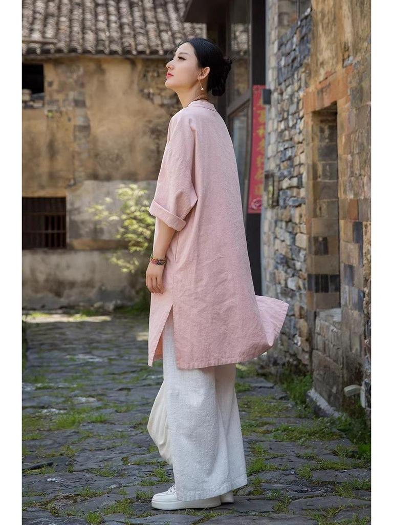 Vintage-Inspired Cotton Linen Qipao: Frog Button Women's Long Shirt
