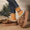 Fashion Warm Plush Leopard Thick Bottom Slippers Women 2025 Winter Chunky Platform Wedge Heel Furry Indoor Slippers Soft Non Slip Shoes