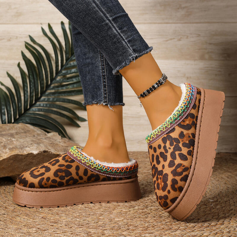 Fashion Warm Plush Leopard Thick Bottom Slippers Women 2025 Winter Chunky Platform Wedge Heel Furry Indoor Slippers Soft Non Slip Shoes