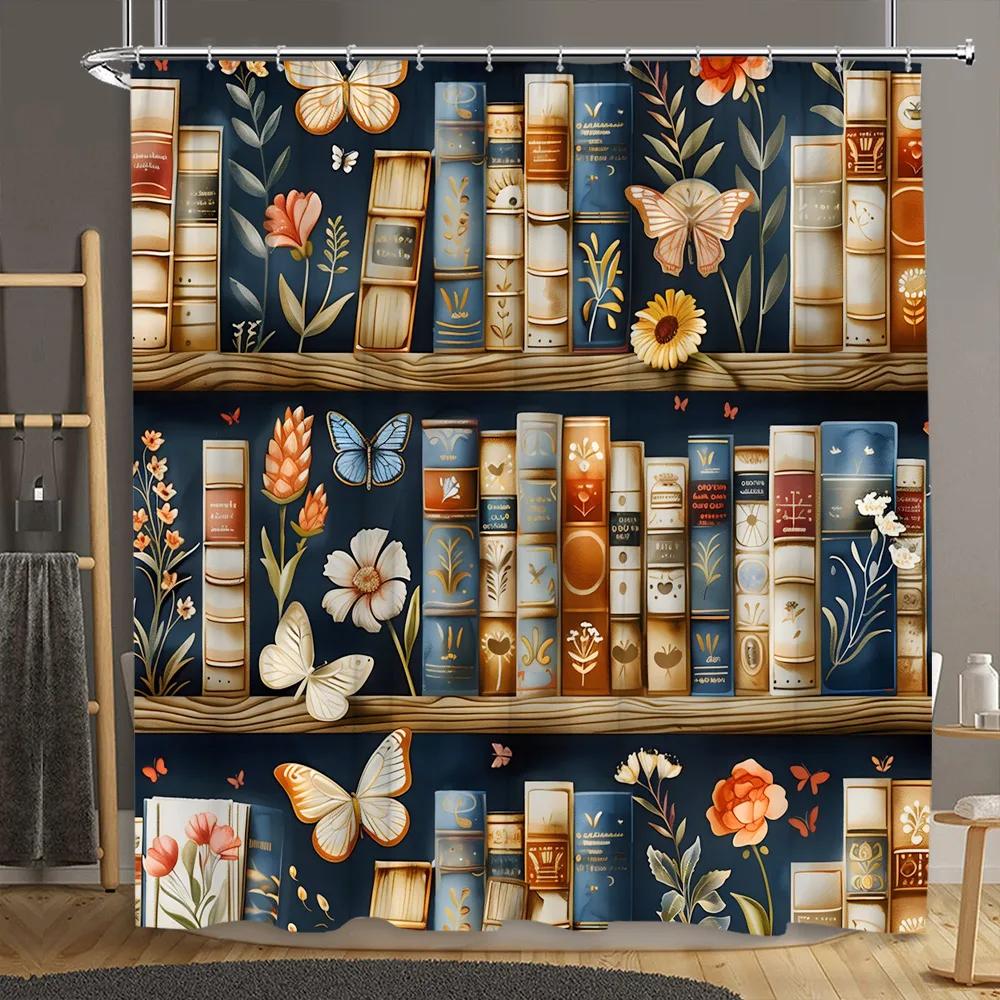 Vintage Library Shower Curtain Old Book Bookshelf Skull Halloween Candles Floral Plant Home Polyester Fabric Bathroom Decor Set
