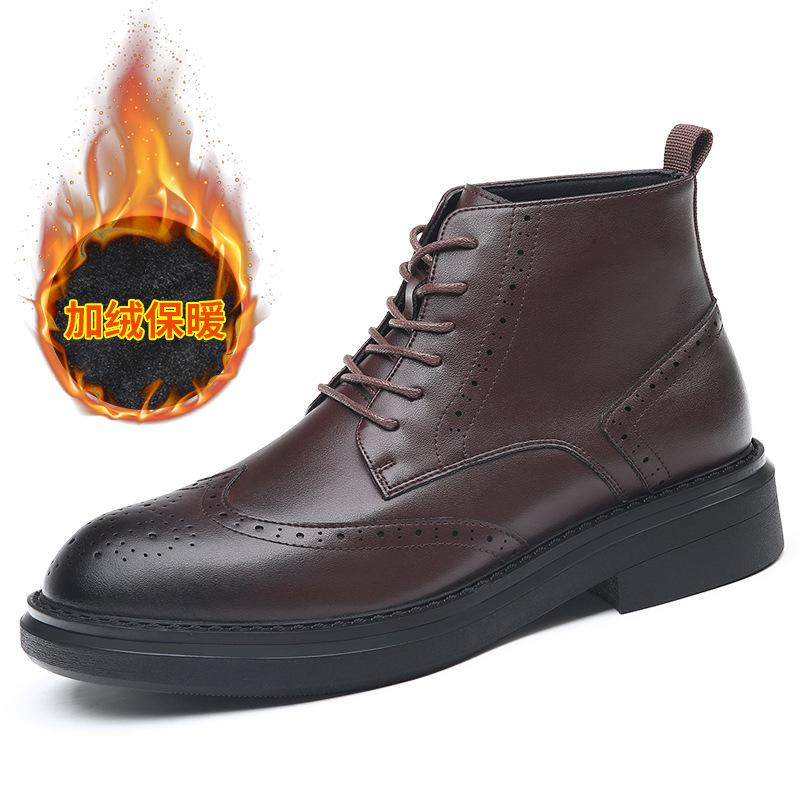 FashionCow Leather High-soled Brock High-top Boots for Men Autumn Winter Fleece Warm Ankle Boots Male Fashion Casual Platform Shoes Man