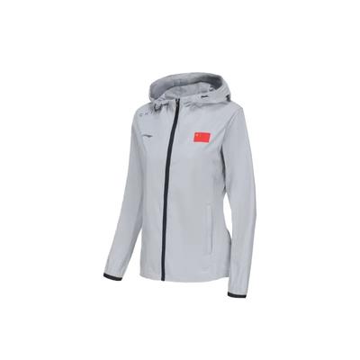 Li Ning National Team Series Einfarbiger Wasserdichter Atmungsaktiver Schweißableitender Kapuzen-Windbreaker Damen Oberbekleidung Taubengrau AFDU318-2