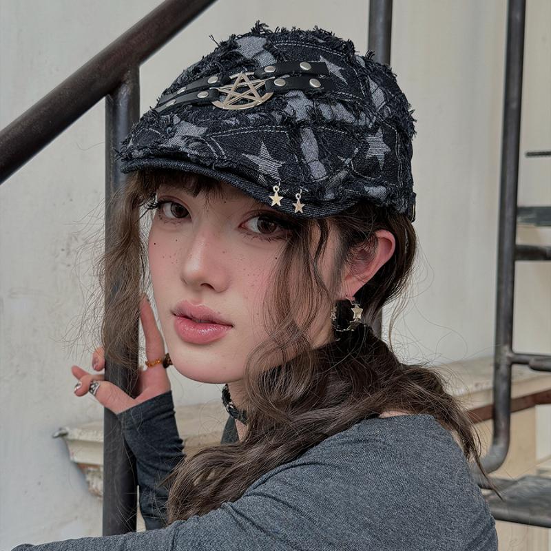 

Ретро грубый край звезда джинсовые береты кепка весна и лето путешествия мода универсальный солнцезащитный крем показать лицо маленькие женские шляпы Y2k 56-58cm чёрный