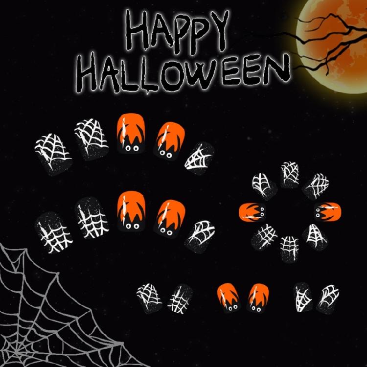 French Sparkling Press On Tips Halloween Black Cobweb Design Short Square Manicure Tips 24PCS Not Need Tools