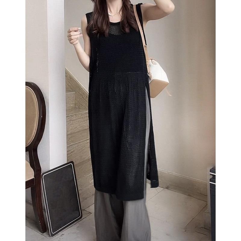 

Fashion Sleeveless Knitted Thin Women Cover Up O-neck Casual Loose Dress Hollow Out Split Blouse Solid Color Elegant Summer Tops Long Shirts One size чорний