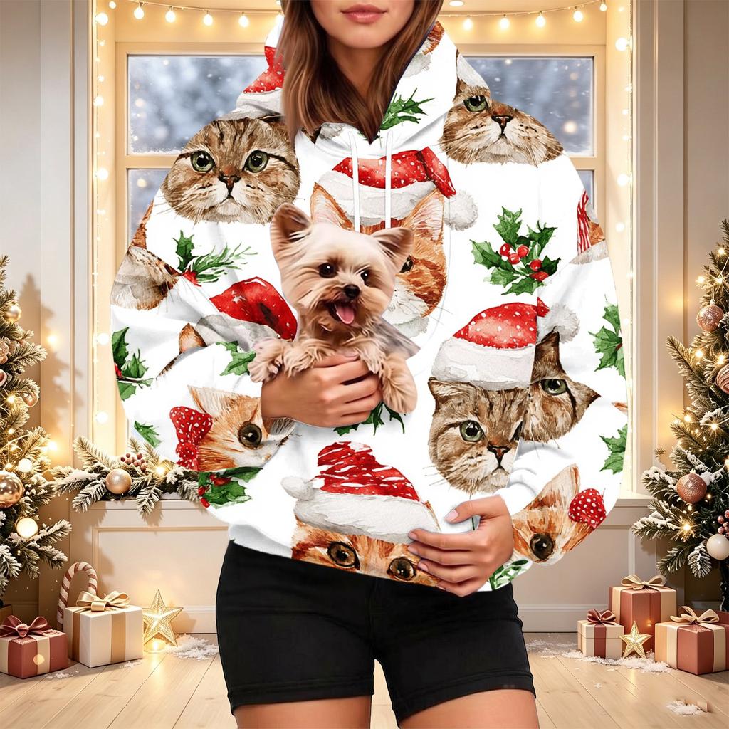 Women's Stylish Christmas Print Hoodie with Pet Pocket, Casual Holiday Pullover for Winter Wear