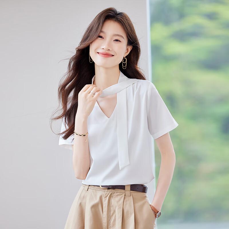 TeloMan Women's V-Neck Short-Sleeve Blouse with Tie-Neck Design