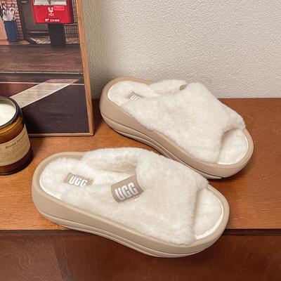 Zapatillas de Piel para Mujer Invierno Nueva Moda Felpa Boca Baja Interior Exterior Chanclas Casuales Dormitorio Color Sólido Sandalias Zapatos Planos