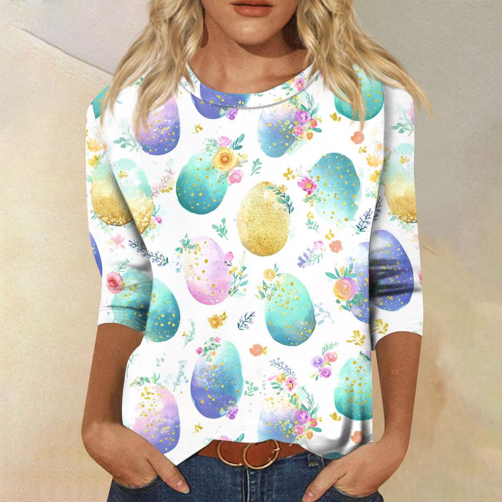 Women's Fashionable Casual Three-quarter Sleeve Easter Print Round Neck Pullover Top