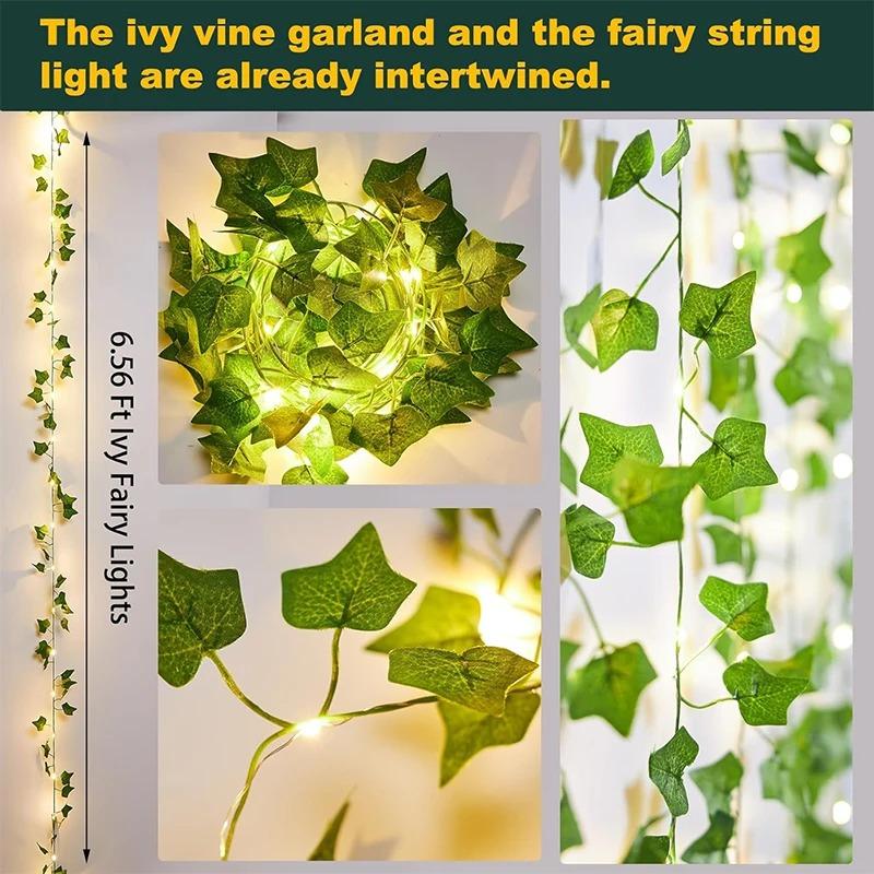2/10M Silk Leaves Fake Creeper Green Leaf Ivy LED String Lights Home Decor Hanging Garland Artificial Plants Wedding Decoration