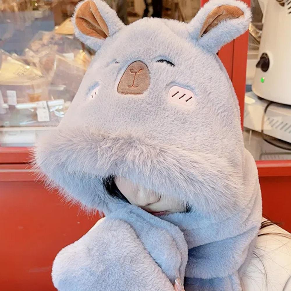 Cartoon Capybara Hat Scarf Gloves Set Korean Style 3 In 1 Hat Plush Hooded Scarf Students