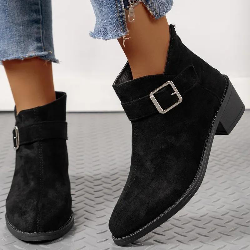 Women's Shoes Belt Buckle Women's Boots Fashionable Back Zipper Modern Boots Women's Sexy Pointed Toe Square Heel Ankle Boots