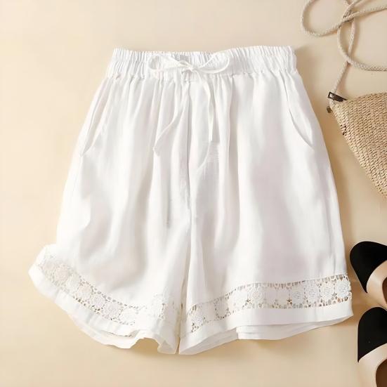 Women's Loose Boho Summer Shorts Drawstring Comfy Elastic Waist Shorts High-Waisted Wide-Leg Hollow Floral Lace Shorts