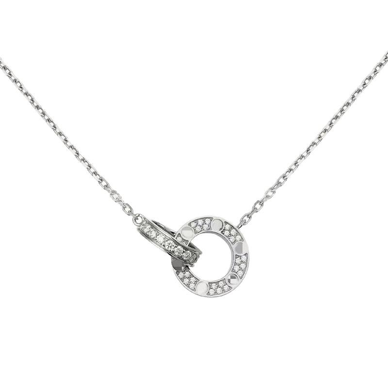 925 Sterling Silver LOVE Double Ring Necklace with Full Diamond Round Disc and Geometric Clavicle Chain