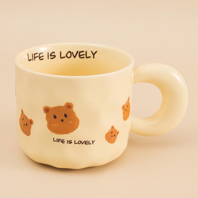 Korean Retro Bear Mug with Lid Spoon High Value Girl Couple Ceramic Cup Office Drinking Water Coffee Cup