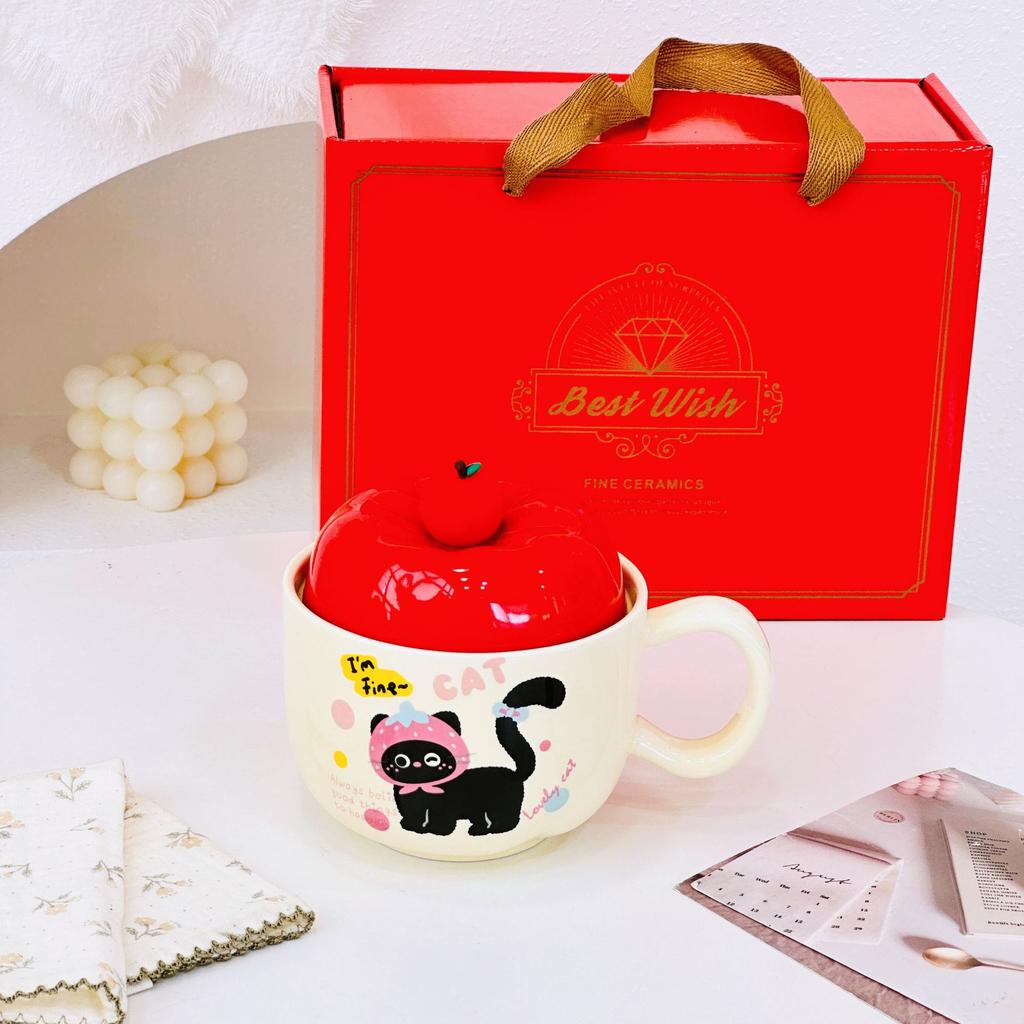 Apple Cat Red Souvenir Set Cartoon Cute Festive Ceramic Cup with Lid Spoon Mug Personalized Hand Cup
