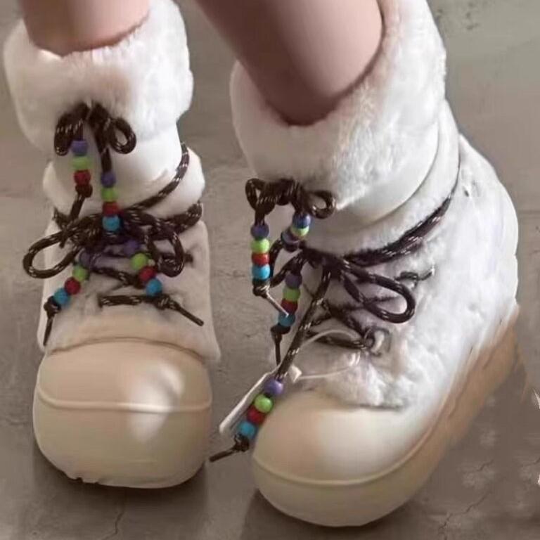 2025 autumn and winter new thin belt beaded round head warm and velvet versatile sports thick-soled non-slip women's snow boots