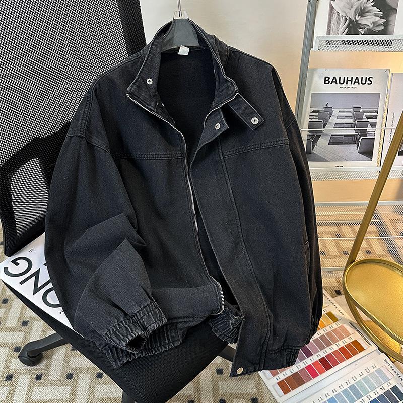 

Весенне-осенняя джинсовая куртка с воротником-стойкой, мужская, повседневная, модный бренд, хулиганская, красивая, американская ретро, универсальная, трендовая молодежная куртка 3XL чёрный